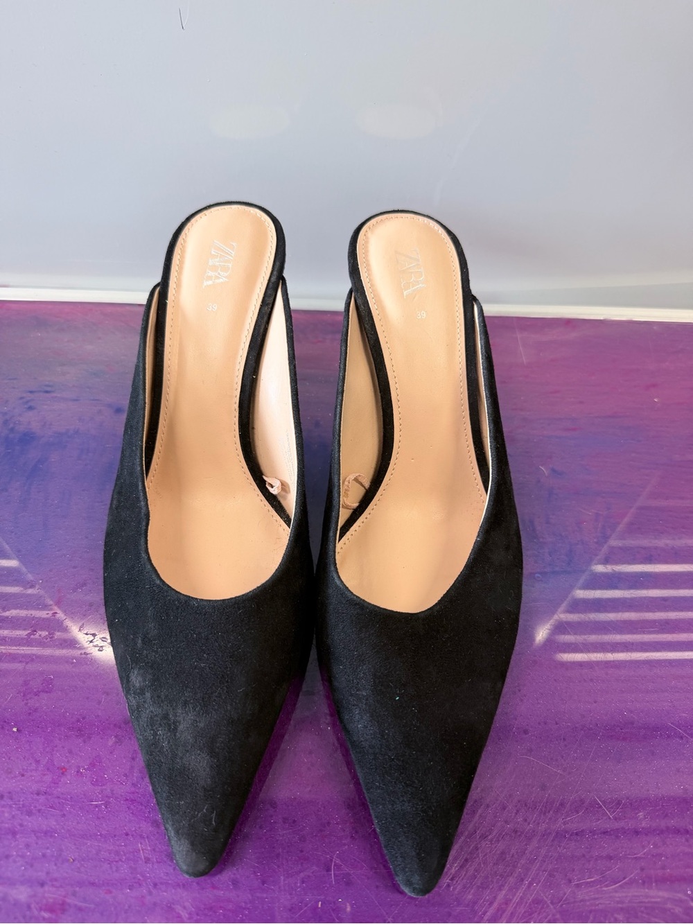 Zara Black Pointed-Toe Suede Slingback Heels